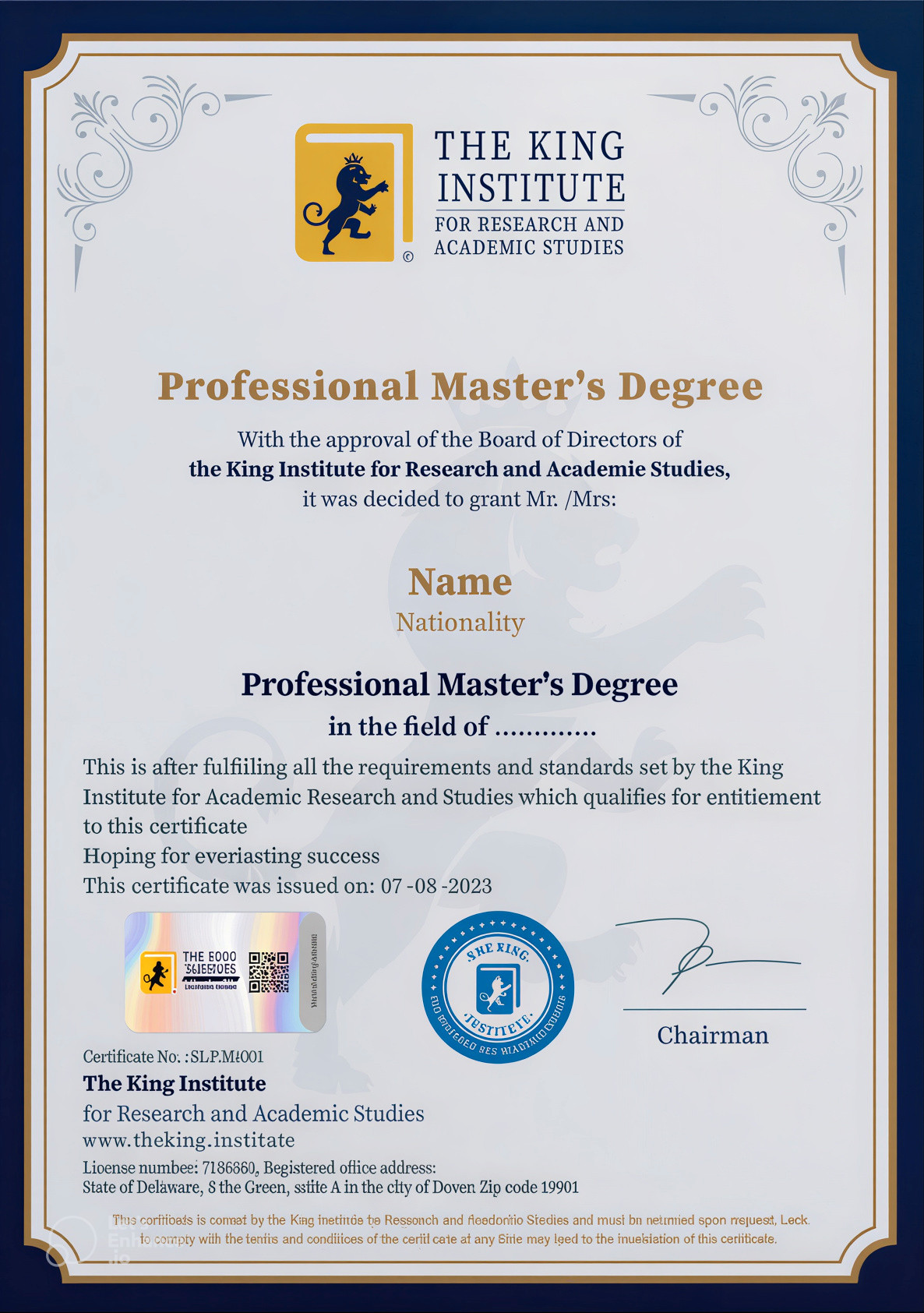 Professional Master's Degree Certificate Template